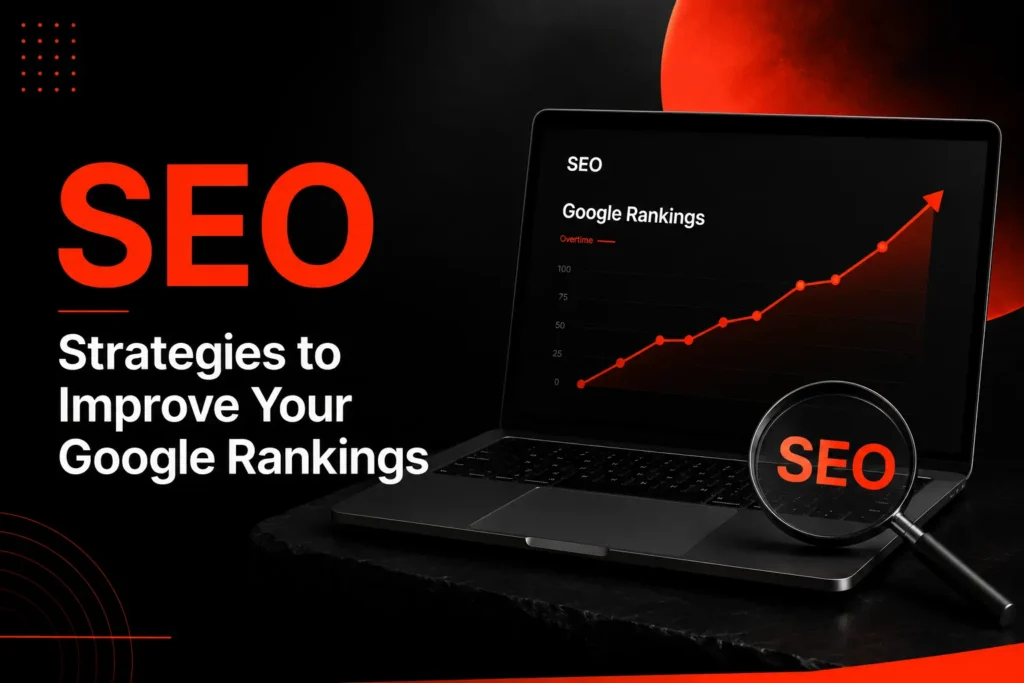SEO strategies to improve Google rankings with a laptop, search analytics graph, and SEO magnifying glass.