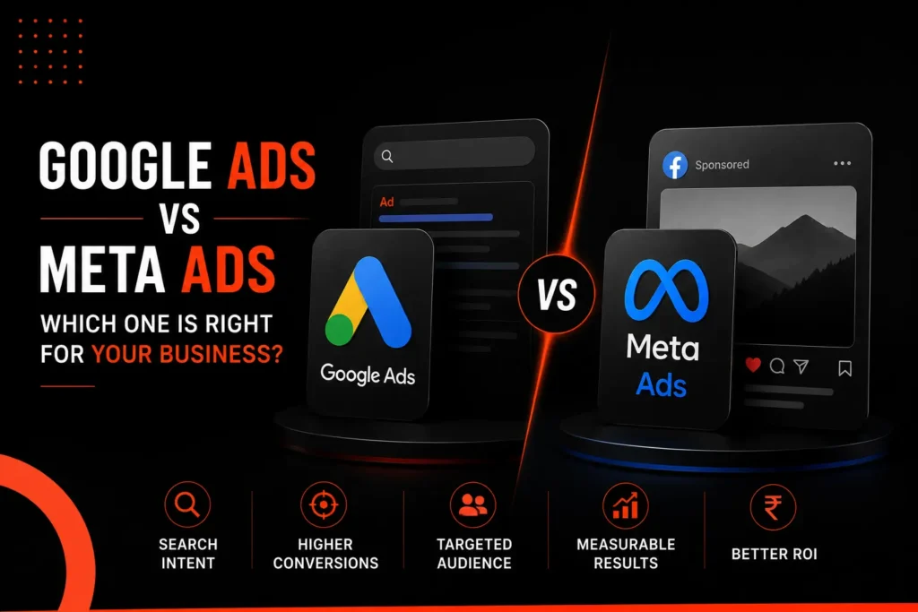 Google Ads vs Meta Ads comparison showing search intent, targeted audience, conversions, measurable results, and ROI.