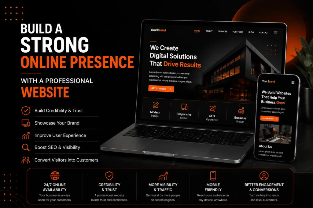 Build a strong online presence with a professional website for business credibility, SEO visibility, mobile-friendly design, and customer conversions.