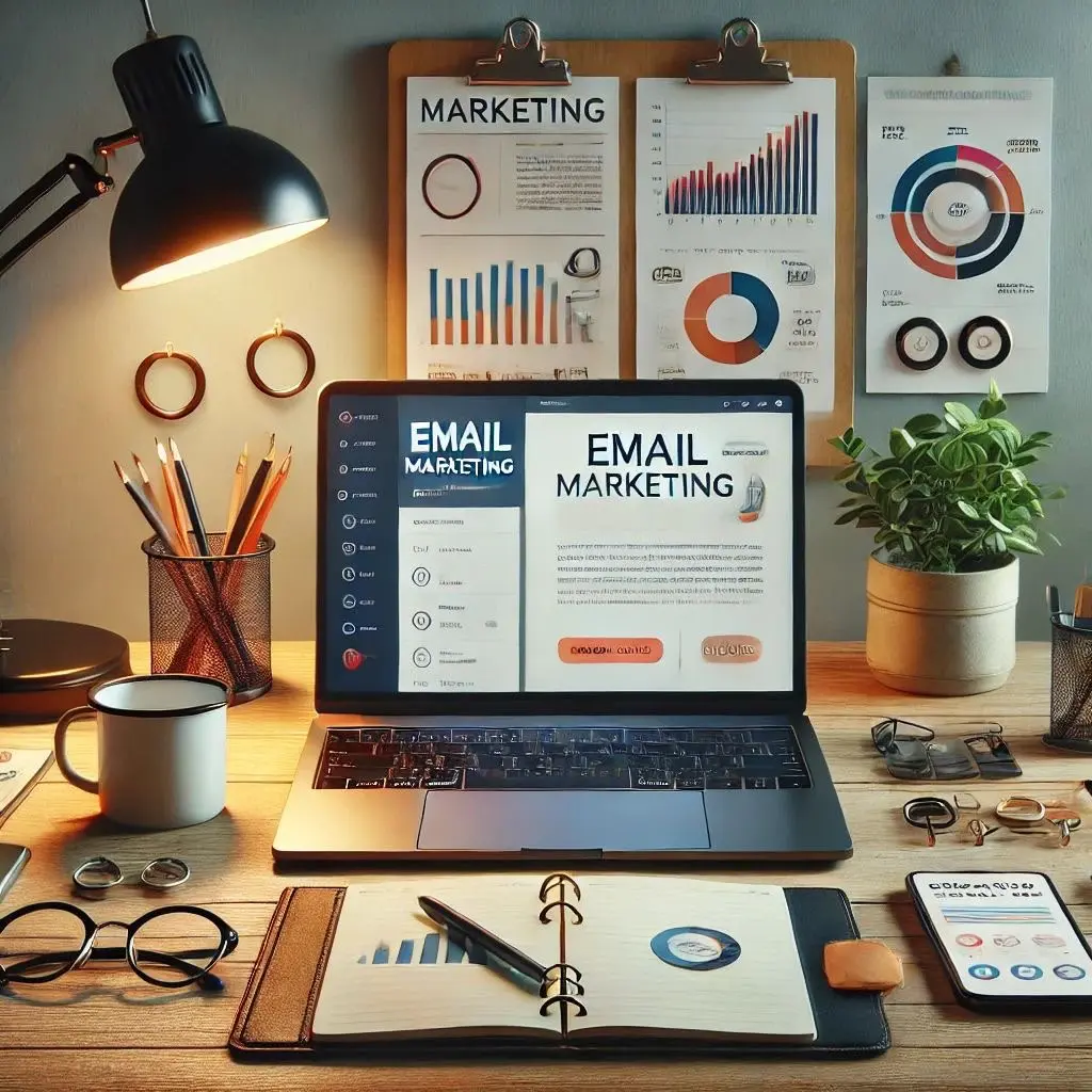 An organized workspace of a freelance digital marketer in Thrissur, featuring an open laptop displaying an email marketing campaign interface on a wooden desk. Surrounding the laptop are marketing analytics charts, an open notebook, a smartphone, a desk lamp, eyeglasses, and a small potted plant, showcasing the desk of a digital marketing strategist.