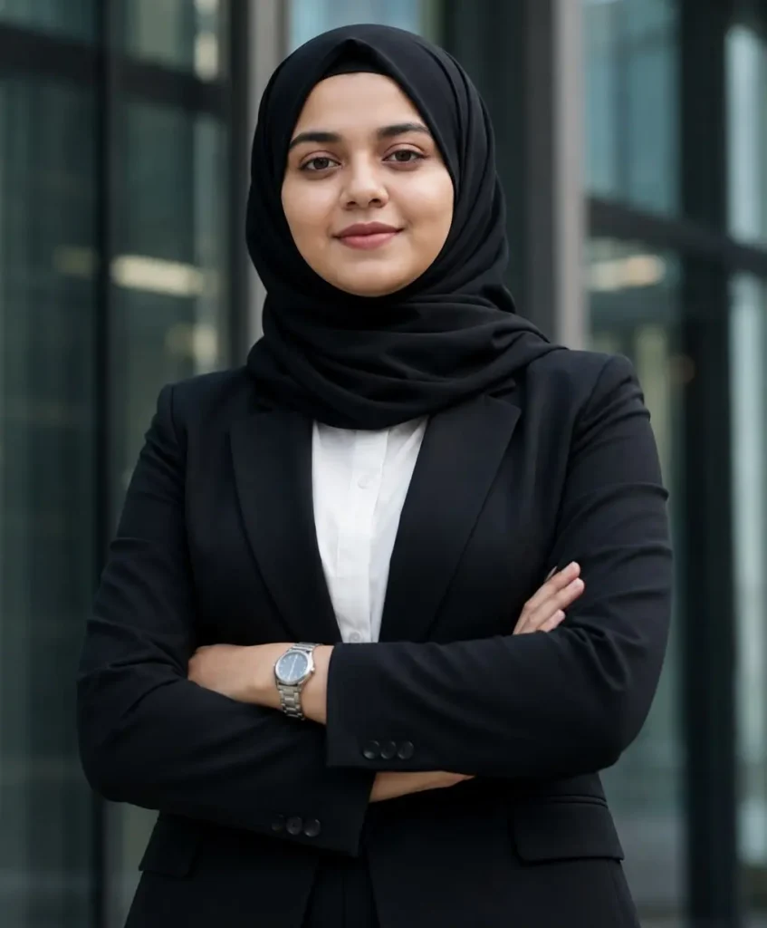 A professional portrait of a female freelance digital marketer in Thrissur wearing a black hijab and formal blazer, posing confidently as an expert digital marketing strategist.