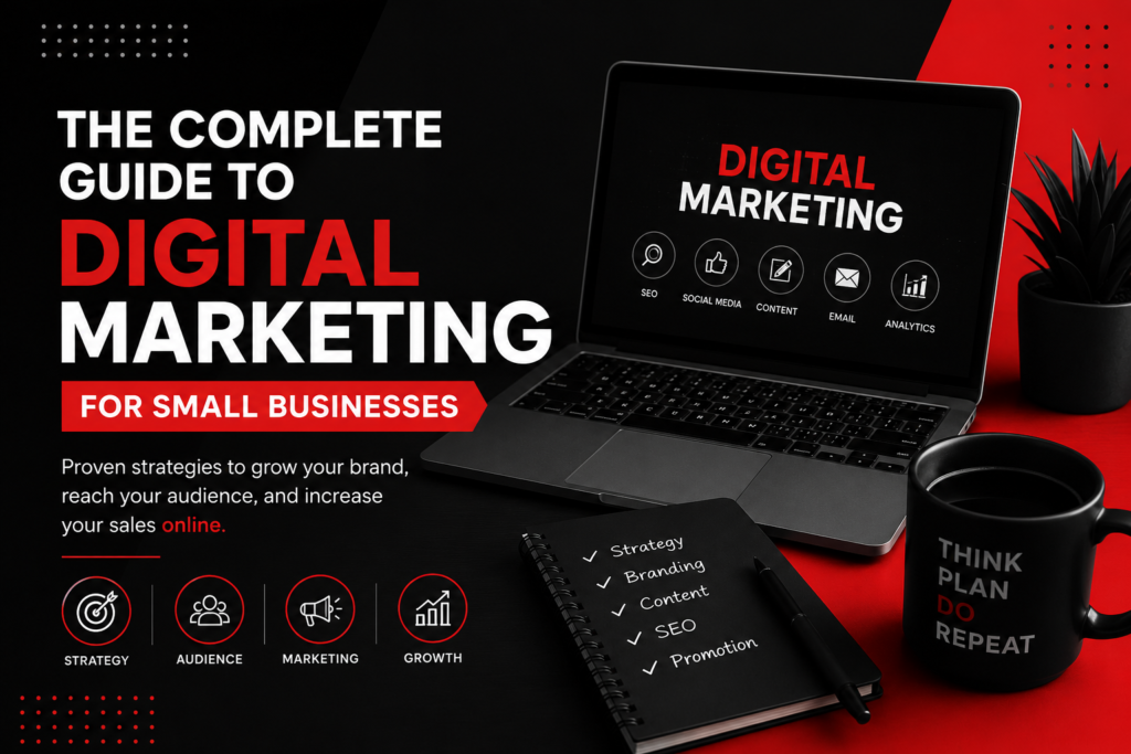 The Complete Guide to Digital Marketing for Small Businesses with laptop, marketing strategy, SEO, social media, content, email, and analytics icons.