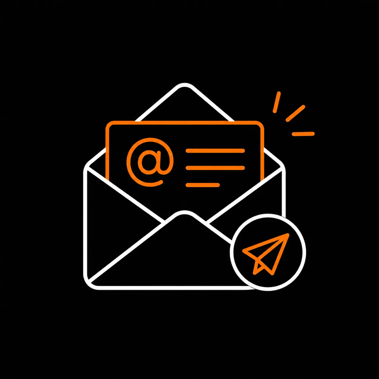 Email marketing icon featuring an envelope, email message, @ symbol, and send button.