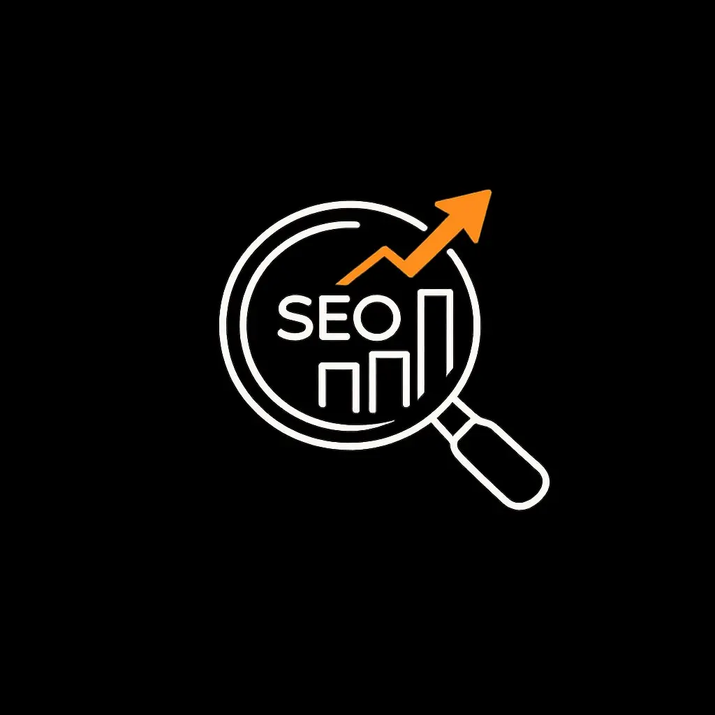 SEO icon with a magnifying glass, upward growth arrow, and bar chart representing search engine optimization and website growth.